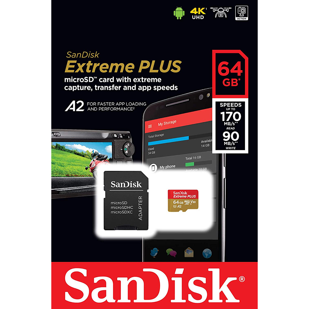 کارت حافظه microSDXC سن دیسک مدل extreme plus V30 کلاس 10 استاندارد UHS-I U3 سرعت 170MBps ظرفیت 64 گیگابایت به همراه آداپتور sd