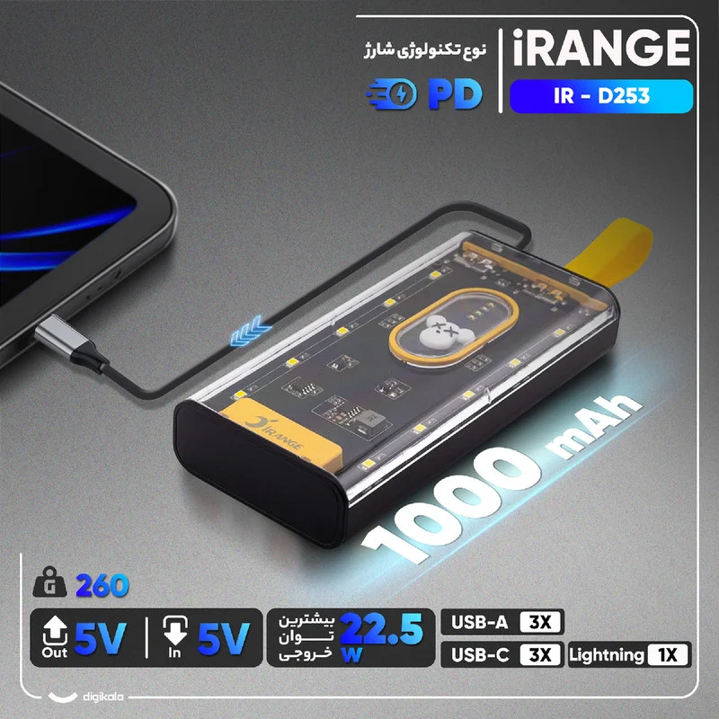 پاوربانک 22.5 وات آیرنج مدل IR - D253 ظرفیت 10000 میلی‌آمپرساعت