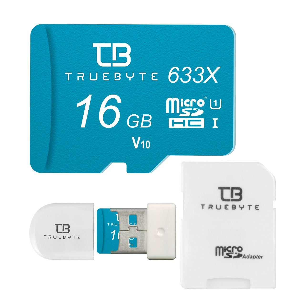 کارت حافظه MicroSDHC تروبایت مدل V10 کلاس 10 استاندارد UHS-I U1 سرعت 95MBPS ظرفیت 16 گیگابایت به همراه آداپتور SD و کارت‌خوان