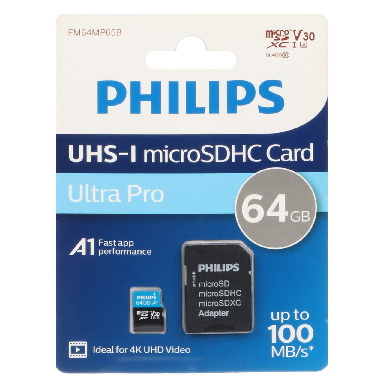 کارت حافظه MicroSDHC فیلیپس مدل Ultra pro کلاس 10 استاندارد UHS-I U3 سرعت 100MBps ظرفیت 64 گیگابایت به همراه آداپتور