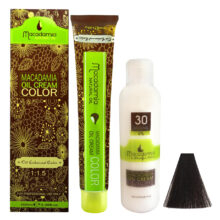 رنگ مو ماکادامیا شماره 2 حجم 100 میلی لیتر رنگ قهوه ای خیلی تیره به همراه اکسیدان ماکادامیا مدل 30vol نه درصدی حجم 150 میلی لیتر