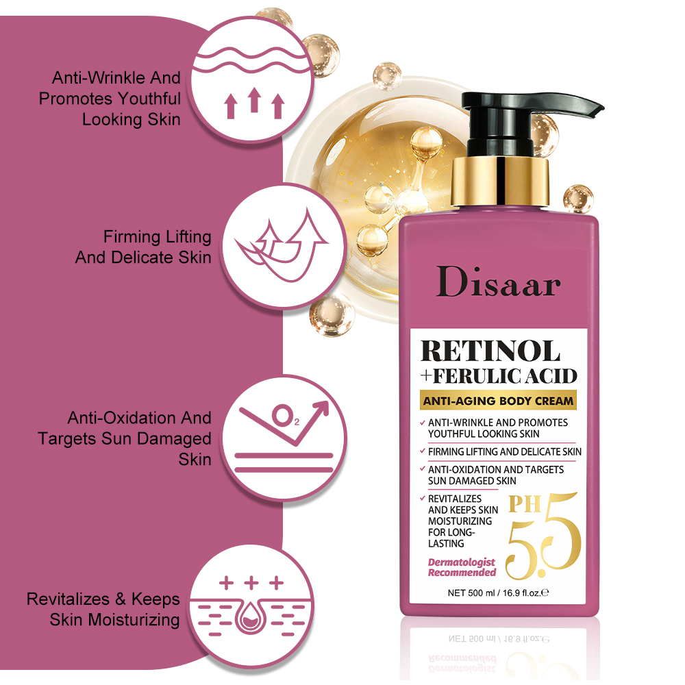 کرم سفت کننده، ضد چروک دیسار مدل رتینول و فرولیک اسید مناسب برای انواع پوست حجم 500 میلی‌لیتر