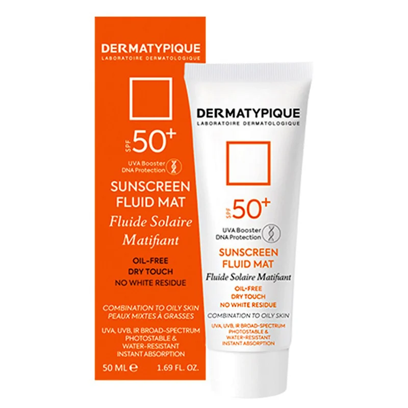 فلوئید ضدآفتاب بی‌رنگ درماتیپیک +SPF50 مدل SFM، مناسب پوست‌های چرب، حجم 50 میلی‌لیتر