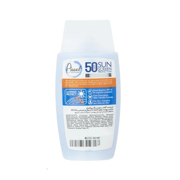 کرم ضدآفتاب بیرنگ پیکسل، با SPF50، مدل Sensitive، حاوی محافظ UVA ،UVB و +++PA، فاقد گلیسیرین، حاوی ویتامین E و B+، مناسب پوستهای خشک و حساس، حجم 50 میلیلیتر مجموعه دو عددی