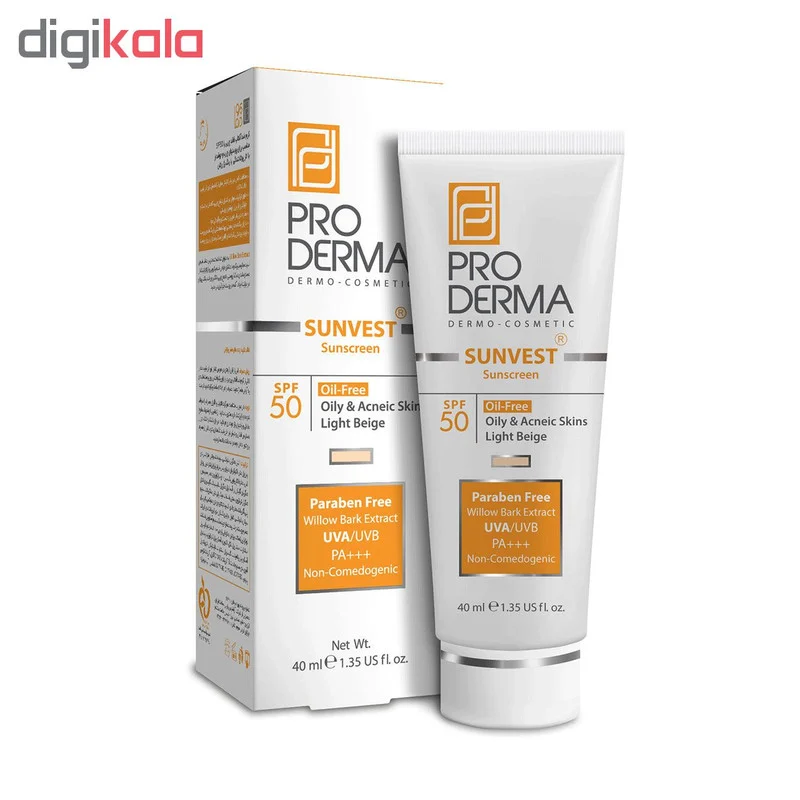 کرم ضد آفتاب رنگی پرودرما، SPF 50، مدل 50 Sunvest، مناسب پوست‌‌های آکنه‌دار و چرب با تنالیته روشن و حجم 40 میلی‌لیتر، محافظت‌کننده در برابر اشعه‌های UVA و UVB، غیر کومدون‌زا و فاقد پارابن، PA+++، دارای فرمولاسیون فاقد چربی،با ماندگاری 2 ساعته
