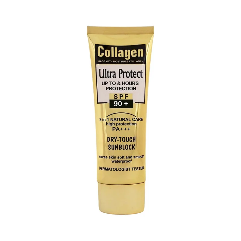 کرم ضد آفتاب بدون رنگ کلاژن spf90 مدل Ultra Protect محافظت کننده در برابر اشعه UVA و UVB مناسب برای انواع پوست‌ حجم 100 میلی لیتر