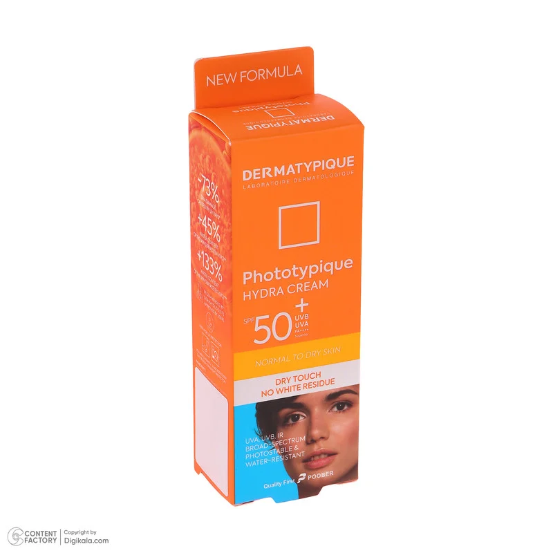 فلوئید ضد آفتاب بدون رنگ درماتیپیک مدل hydra cream محافظ UVA،UVB مناسب برای پوست خشک حجم 40 میلی لیتر