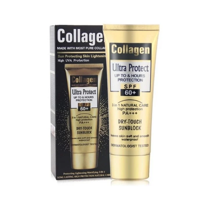 کرم ضد آفتاب بدون رنگ کلاژن، 60 SPF، مدل Ultra Protect، مناسب انواع پوست و حجم 130 میلی‌لیتر، محافظت کننده در برابر اشعه UVA و UVB، ضد آب، +++ PA، نرم کننده، روشن کننده پوست، مات کننده، با ماندگاری 2 ساعته