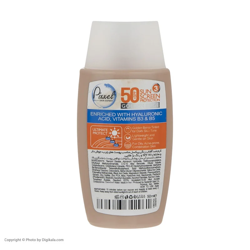 کرم ضد آفتاب رنگی پیکسل، SPF 50، مدل GOLDEN BEIGE، مناسب پوست‌های آکنه‌دار و چرب با تنالیته تیره و حجم 50 میلی‌لیتر، محافظت‌کننده در برابر اشعه‌های UVA و PA ،UVB+++، ضد جوش و آکنه، دارای فرمولاسیون فاقد چربی و هیالورونیک اسید، با ماندگاری 2 ساعته