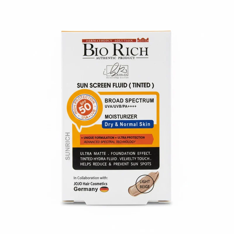 فلوئید ضد آفتاب رنگی صورت بایوریچ SPF 50 مدل BROAD SPECTRUM محافظ UVA ،UVB و PA+++ مناسب برای پوست‌ خشک و معمولی حجم 50 میلی‌لیتر