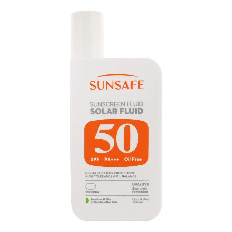 فلوئید ضد آفتاب بی‌رنگ صورت و بدن سان سیف SPF 50 مدل Solar ‌محافظ در برابر اشعه UVA و UVB مناسب برای پوست حساس و چرب حجم 50 میلی‌لیتر