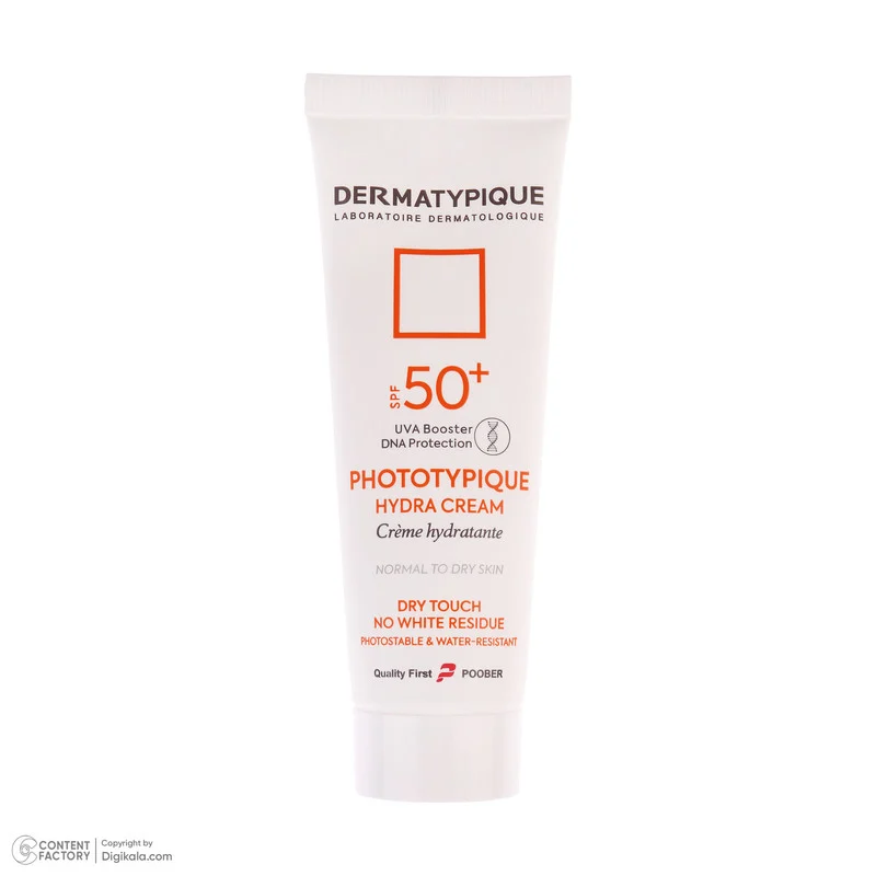 فلوئید ضد آفتاب بدون رنگ درماتیپیک مدل hydra cream محافظ UVA،UVB مناسب برای پوست خشک حجم 40 میلی لیتر