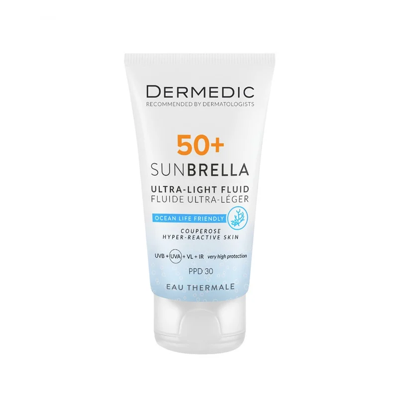کرم ضد آفتاب بدون رنگ صورت درمدیک SPF 50 مدل DD ‌محافظ در برابر اشعه UVB و UVA مناسب پوست های حساس حجم ۴۰ میلی لیتر