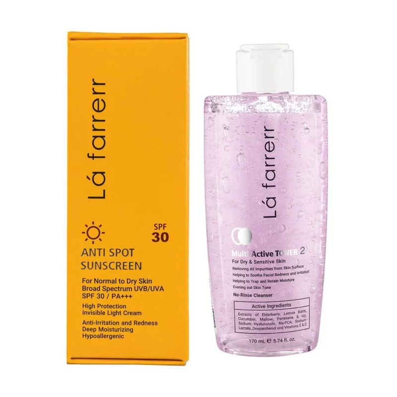 کرم ضد آفتاب بدون رنگ لافارر SPF 30 مدل پوست خشک و حساس ‌مناسب پوست‌های حجم 40 میلی‌لیتر به همراه تونر مدل مولتی اکتیو مناسب پوست خشک حجم 170 میلی لیتر