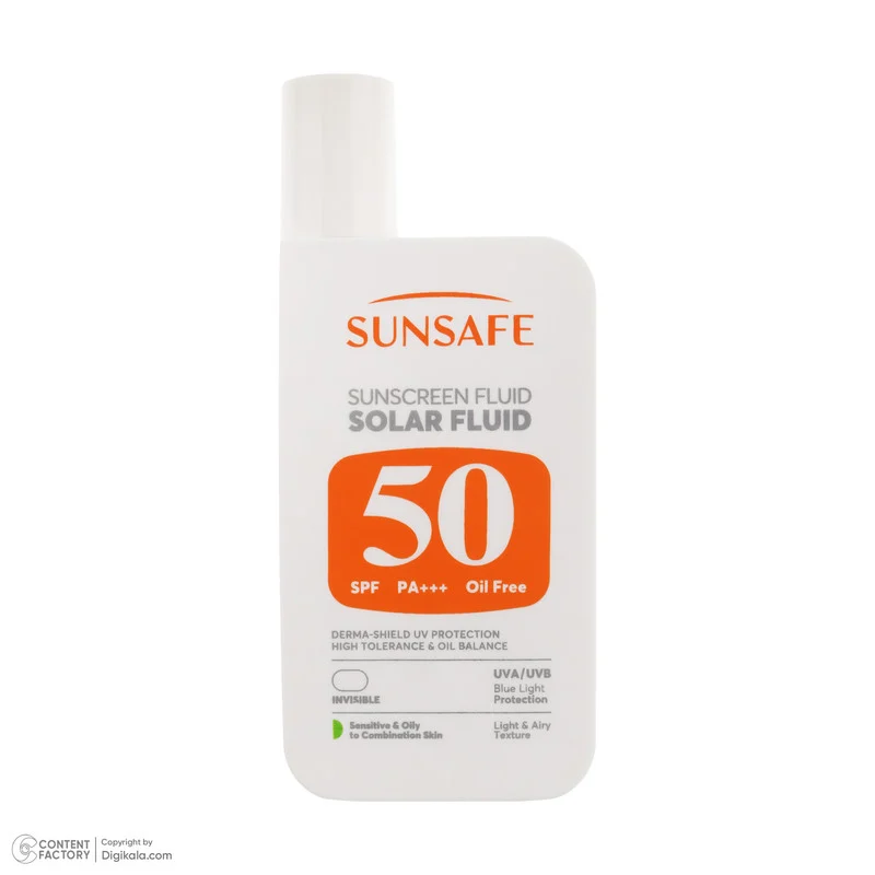 فلوئید ضد آفتاب بی‌رنگ صورت و بدن سان سیف SPF 50 مدل Solar ‌محافظ در برابر اشعه UVA و UVB مناسب برای پوست حساس و چرب حجم 50 میلی‌لیتر