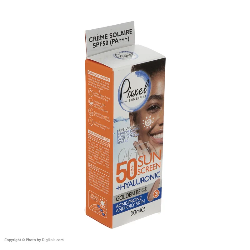 کرم ضد آفتاب رنگی پیکسل، SPF 50، مدل GOLDEN BEIGE، مناسب پوست‌های آکنه‌دار و چرب با تنالیته تیره و حجم 50 میلی‌لیتر، محافظت‌کننده در برابر اشعه‌های UVA و PA ،UVB+++، ضد جوش و آکنه، دارای فرمولاسیون فاقد چربی و هیالورونیک اسید، با ماندگاری 2 ساعته