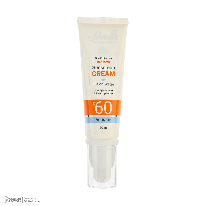 کرم ضد آفتاب بیرنگ صورت ثمین SPF 60 مدل Fusion Water محافظ UVA ، UVB مناسب برای پوستهای چرب حجم 50 میلیلیتر