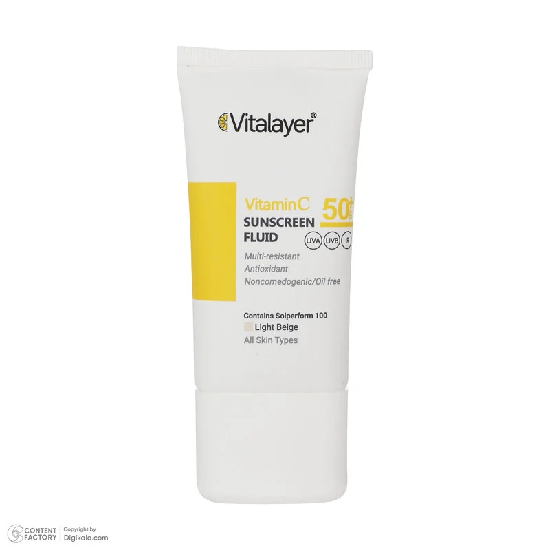 فلوئید ضدآفتاب رنگی ویتالیر، 50 SPF، مدل Vitamin C، مناسب انواع پوست تنالیته رنگ متوسط و حجم 50 میلی‌لیتر، ضد آب، محافظت کننده در برابر اشعه UVA، UVB، IR، آنتی‌اکسیدان، فاقد چربی و پارابن، ضد لک، آبرسان، دارای فرمولاسیون غیرکومدون‌زا، با ماندگاری 2 ساعته