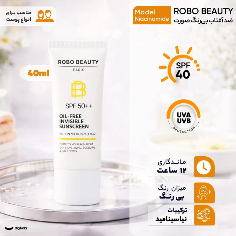 کرم ضد آفتاب بی‌رنگ صورت روبو بیوتی SPF 50 مدل Niacinamide محافظ UVA،UVB مناسب برای انواع پوست حجم 40 میلی لیتر