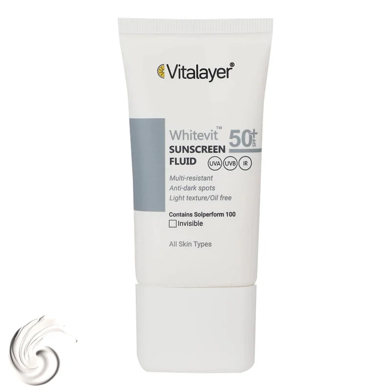 فلوئید ضدآفتاب بی‌رنگ ویتالیر SPF50 مدل Whitevit مناسب انواع پوست، حجم 50 میلی‌لیتر