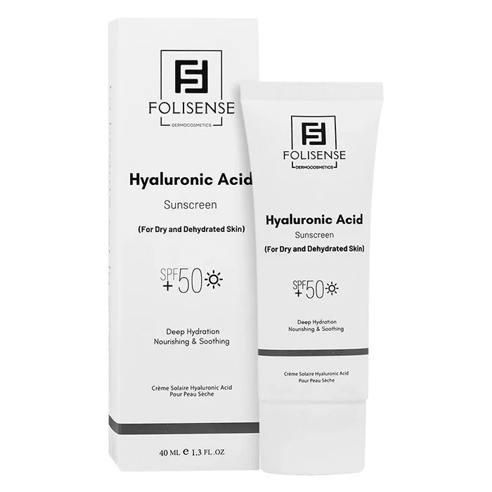 کرم ضد آفتاب بی‌رنگ صورت فولیسنس SPF 50 مدل هیالورونیک اسید محافظ در برابر UVA،UVB ‌مناسب برای پوست خشک و حساس حجم 40 میلی‌لیتر