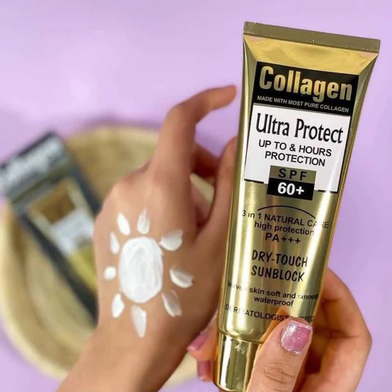 کرم ضد آفتاب بدون رنگ کلاژن، 60 SPF، مدل Ultra Protect، مناسب انواع پوست و حجم 130 میلی‌لیتر، محافظت کننده در برابر اشعه UVA و UVB، ضد آب، +++ PA، نرم کننده، روشن کننده پوست، مات کننده، با ماندگاری 2 ساعته