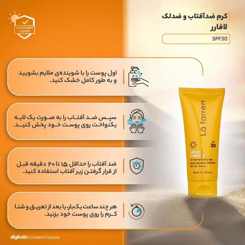 کرم ضدآفتاب و ضدلک بی‌رنگ لافارر مدل SPF30، مناسب پوست‌های خشک و معمولی، حجم 40 میلی‌لیتر