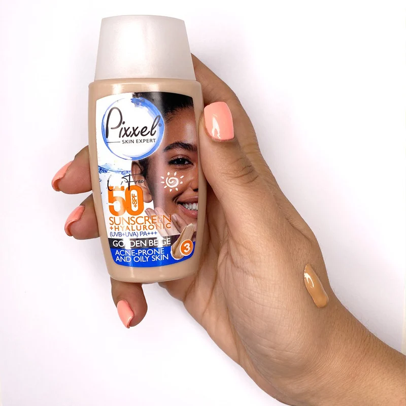 کرم ضد آفتاب رنگی پیکسل، 50 SPF، مدل GOLDEN BEIGE، مناسب پوست نرمال، خشک و حساس تنالیته رنگ تیره و حجم 50 میلی‌لیتر، محافظت کننده در برابر اشعه UVA و UVB، ضد حساسیت، +++ PA، آبرسان، با ماندگاری 2 ساعته