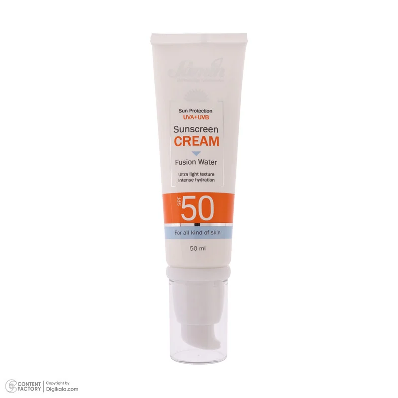 کرم ضد آفتاب بی‌رنگ دست و صورت ثمین SPF 50 مدل Fusion Water ‌محافظ UVA ، UVB مناسب برای انواع پوست حجم 50 میلی لیتر