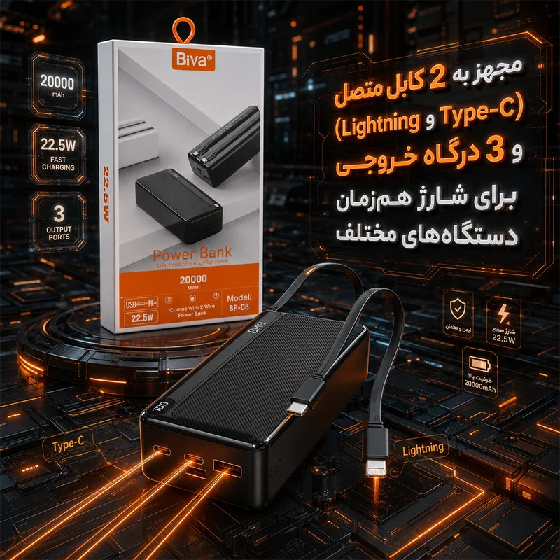پاوربانک 22.5 وات بیوا مدل BP-08-ACCERIO ظرفیت 20000 میلی‌آمپرساعت به همراه 2 عدد کابل USB-C و لایتنینگ