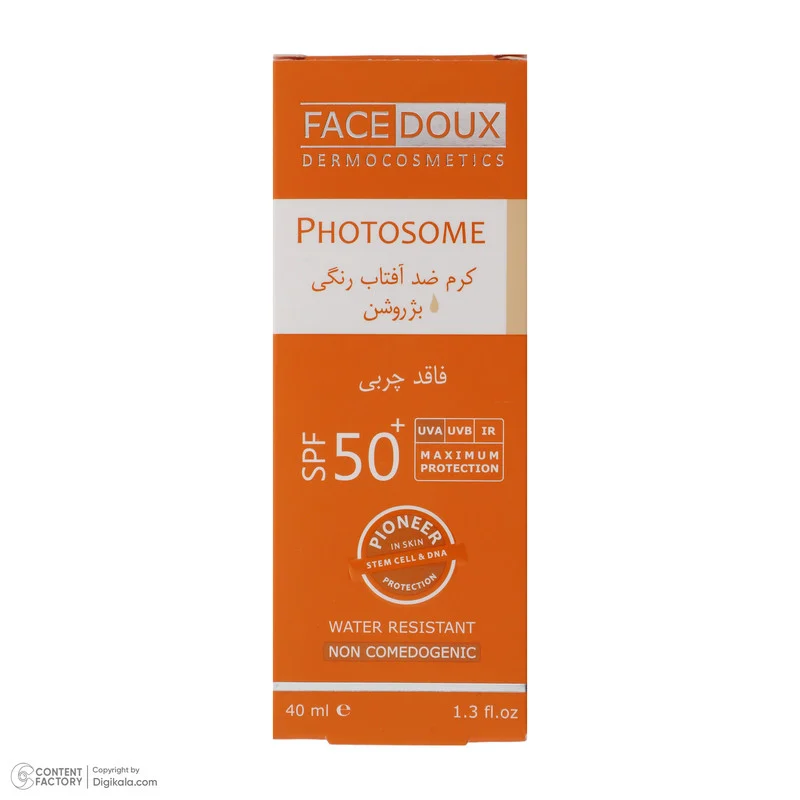 کرم ضد آفتاب رنگی فیس دوکس، SPF 50، مدل فتوزوم، مناسب انواع پوست با تنالیته روشن و حجم 40 میلی‌لیتر، غیر کومدون‌زا، ضد آب، محافظت‌کننده در برابر اشعه‌های UVA و UVB، دارای فرمولاسیون فاقد چربی، با ماندگاری 2 ساعته