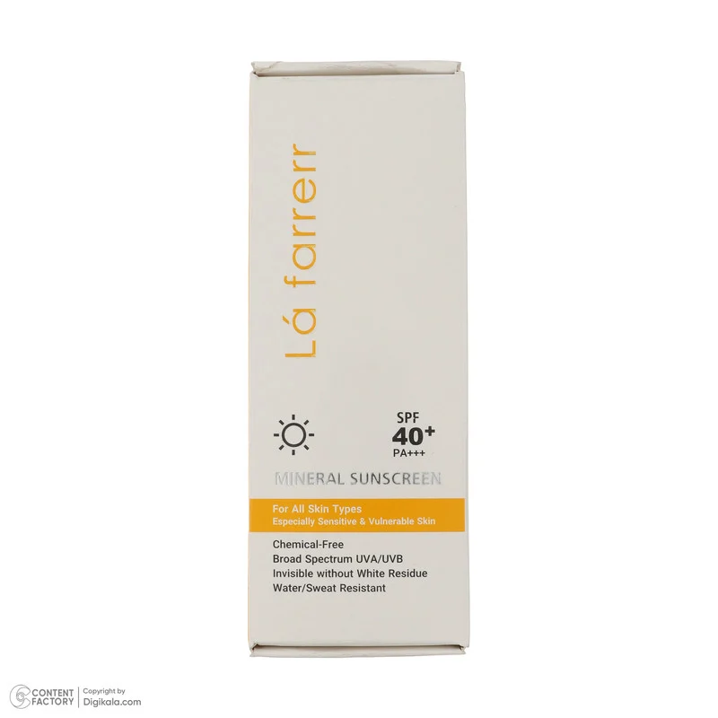 کرم ضد آفتاب بدون رنگ لافارر SPF 40 مدل مینرال ‌حاوی محافظ UVA و UVB و PA+++مناسب پوست‌های حساس حجم 40 میلی‌لیتر