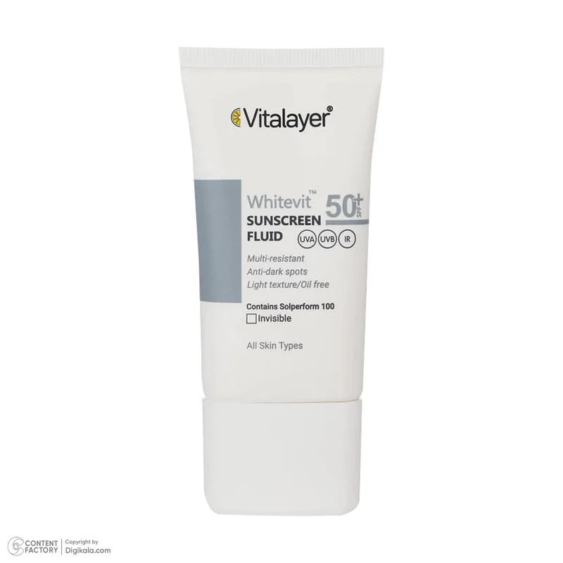 فلوئید ضدآفتاب بی‌رنگ ویتالیر SPF50 مدل Whitevit مناسب انواع پوست، حجم 50 میلی‌لیتر