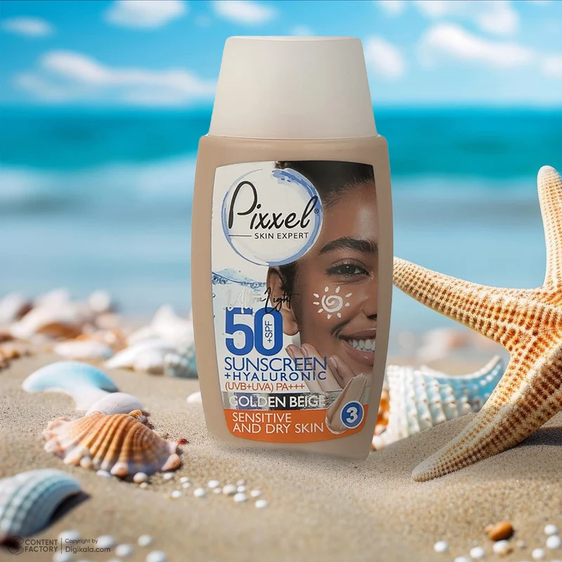کرم ضد آفتاب رنگی پیکسل، 50 SPF، مدل GOLDEN BEIGE، مناسب پوست نرمال، خشک و حساس تنالیته رنگ تیره و حجم 50 میلی‌لیتر، محافظت کننده در برابر اشعه UVA و UVB، ضد حساسیت، +++ PA، آبرسان، با ماندگاری 2 ساعته