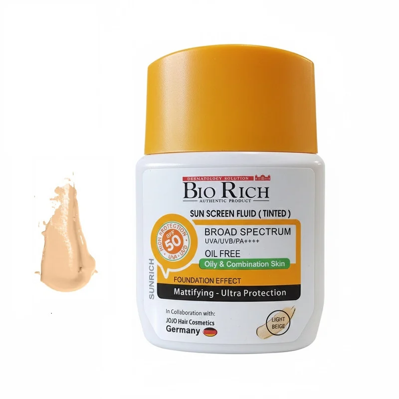 فلوئید ضد آفتاب رنگی بایوریچ SPF 50 مدل BROAD SPECTRUM ‌محافظ UVA ،UVB و PA+++،مناسب برای پوست‌ چرب و مختلط حجم 50 میلی‌لیتر
