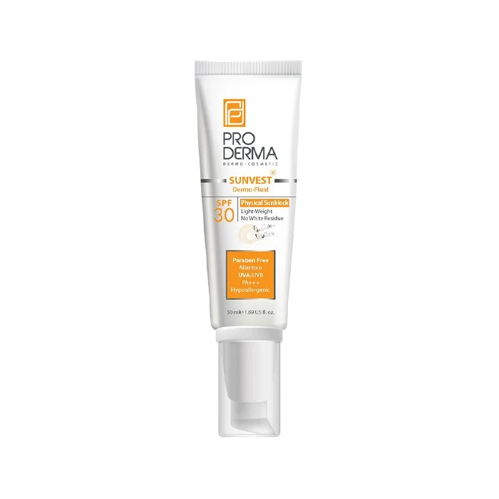 فلوئید ضدآفتاب بی‌رنگ پردرما SPF30 مدل سان وست حاوی محافظ UVA ،UVB و ضدآب، حاوی ویتامین E، مناسب انواع پوست، حجم 50 میلی‌لیتر