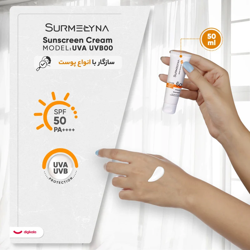 کرم ضد آفتاب بی‌رنگ سورملینا، SPF 50، مدل 00 UVA UVB، مناسب انواع پوست با حجم 50 میلی‌لیتر، ضد حساسیت، فاقد پارابن و سیلیکون، محافظت‌کننده در برابر اشعه‌های UVA و UVB، بدون تست حیوانی، PA++++، ضد پیری، ضد جوش، با ماندگاری 2 ساعته