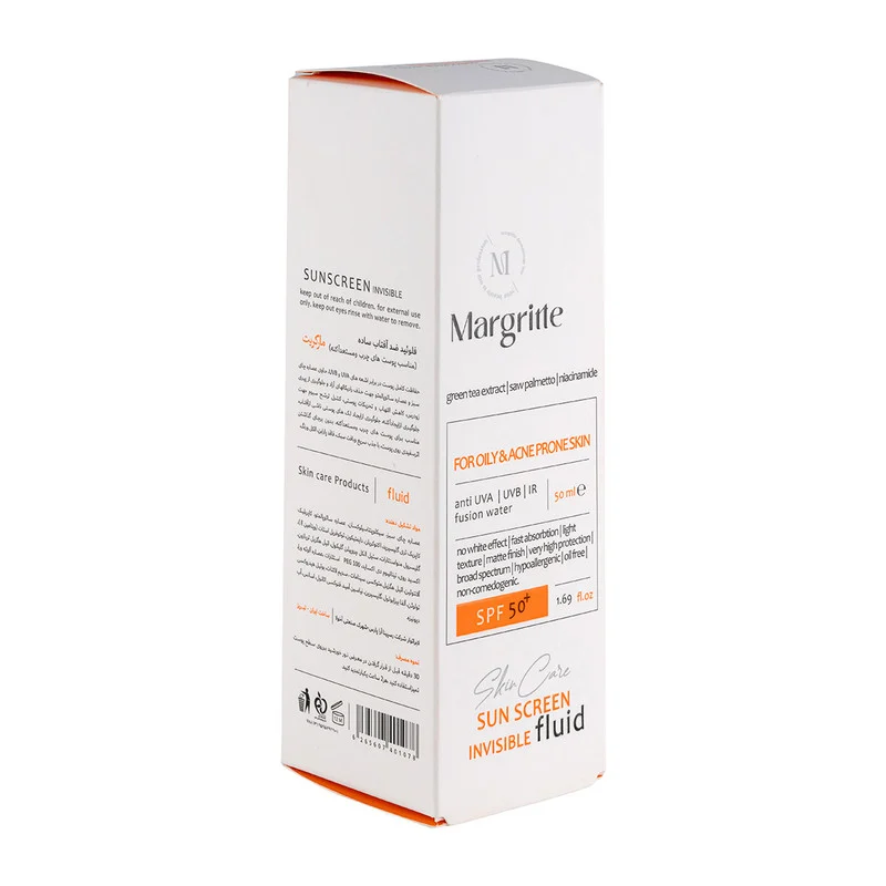 فلوئید ضد آفتاب بدون رنگ مارگریت SPF 50 مدل OAC محافظ UVB , UVA ضد لک و روشن کننده، مناسب برای پوست های چرب و آکنه ای حجم 50 میلی لیتر