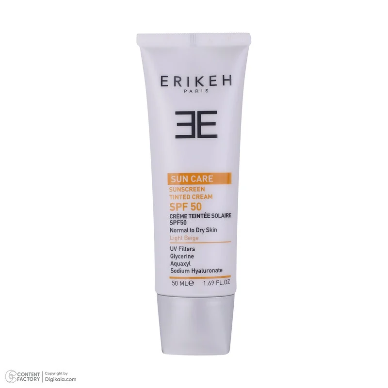 کرم ضد آفتاب رنگی صورت اریکه spf50 مدل Light Beige مناسب برای انواع پوست نرمال تا خشک حجم 50 میلی‌لیتر