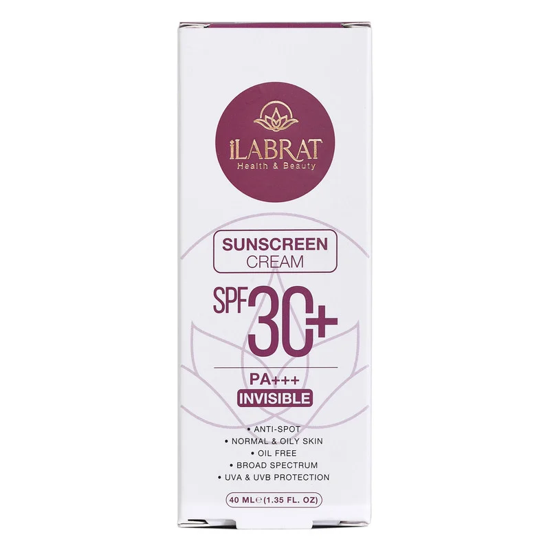 کرم ضدآفتاب بی‌رنگ ایلابرت، SPF 30، مدل ضد لک 30 پلاس، مناسب پوست‌های معمولی و چرب با حجم 40 میلی‌لیتر، محافظت‌کننده در برابر اشعه‌های UVA و PA ،UVB+++، ضد لک و پیری، دارای فرمولاسیون فاقد چربی، با ماندگاری 2 ساعته