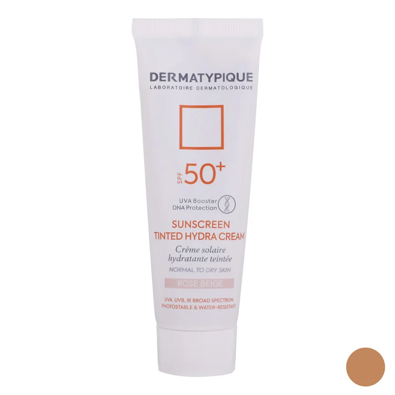 کرم ضد آفتاب رنگی درماتیپیک، 50 SPF، مدل هیدرا، مناسب پوست نرمال تا خشک تنالیته رنگ روشن و حجم 50 میلی‌لیتر، محافظت کننده در برابر اشعه UVA، UVB، IR، ضد آب، ضد خطوط ریز و پیری پوست، مرطوب کننده، التیام‌بخش، با ماندگاری 2 ساعته