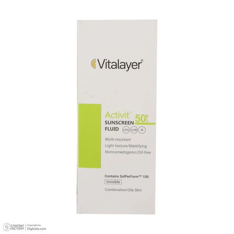 فلوئید ضدآفتاب بی‌رنگ ویتالیر SPF50 مدل Activit، مناسب پوست‌های مختلط و چرب، حجم 50 میلی‌لیتر