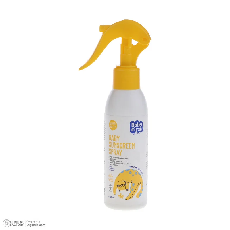 اسپری ضد آفتاب بدون رنگ بیبی فرست SPF 50 مدل پروبیوتیک محافظت کننده در برابر اشعه UVB,UVA با PA+++ مناسب پوستهای معمولی حجم 150 میلیلیتر