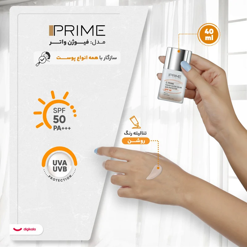 فلوئید ضد آفتاب رنگی پرایم، SPF 50، مدل فیوژن واتر، مناسب انواع پوست با تنالیته روشن و حجم 40 میلی لیتر، محافظت‌کننده در برابر اشعه‌های PA++++ ،UVA ،UVB، دارای فرمولاسیون فاقد چربی، ویتامین سی و آنتی اکسیدان، با ماندگاری 4 ساعته