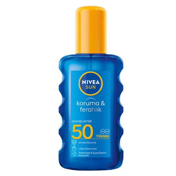 اسپری ضد آفتاب بدون رنگ نیوآ SPF 50 مدل Koruma Ferahlik ‌مناسب پوست‌های انواع پوست حجم 200 میلی‌لیتر
