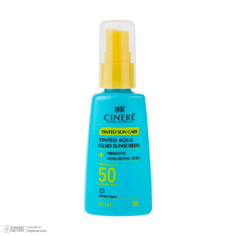 فلوئید ضد آفتاب رنگی بژ طبیعی صورت سینره SPF 50 مدل AQUA محافظ UVA ،UVB و ++++PA مناسب برای انواع پوست حجم 50 میلیلیتر