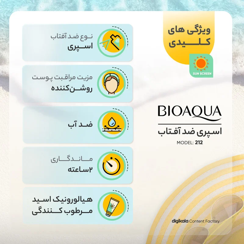 اسپری ضدآفتاب بدون رنگ بایو آکوا SPF30 مدل 212 مناسب انواع پوست، حجم 150 میلی‌لیتر