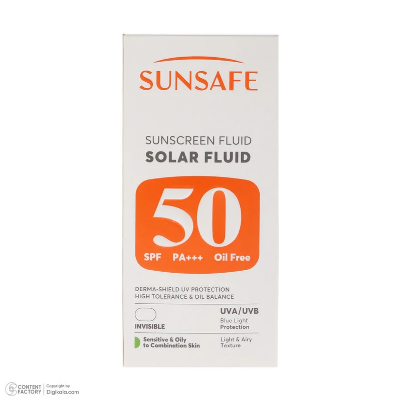 فلوئید ضد آفتاب بی‌رنگ صورت و بدن سان سیف SPF 50 مدل Solar ‌محافظ در برابر اشعه UVA و UVB مناسب برای پوست حساس و چرب حجم 50 میلی‌لیتر