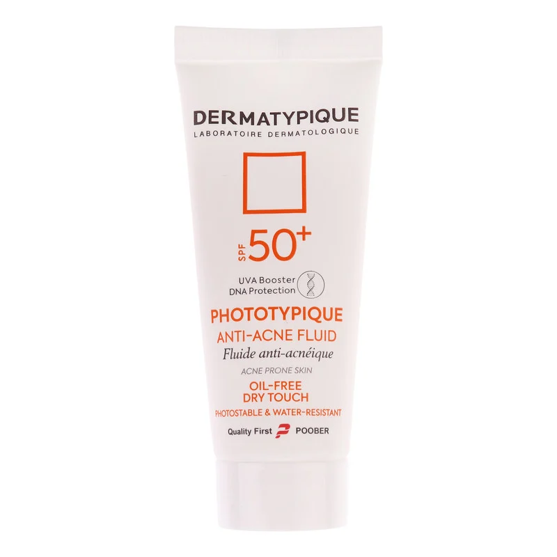 فلوئید ضد آفتاب بدون رنگ درماتیپیک مدل anti acne محافظ UVA،UVB مناسب برای انواع پوست حجم 40 میلی لیتر