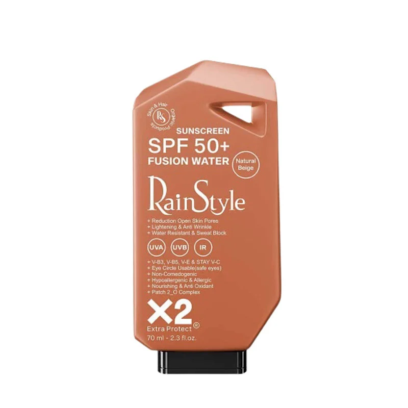 کرم ضدآفتاب رنگی رین استایل، SPF50، مدل فیوژن واتر، مناسب انواع پوست با تنالیته متوسط و حجم 70 میلی‌لیتر، ضد آب، محافظت‌کننده در برابر اشعه‌های UVA و UVB، غیر کومدون‌زا و فاقد پارابن، الکل و چربی، ضد چروک، با ماندگاری 5 ساعته 
